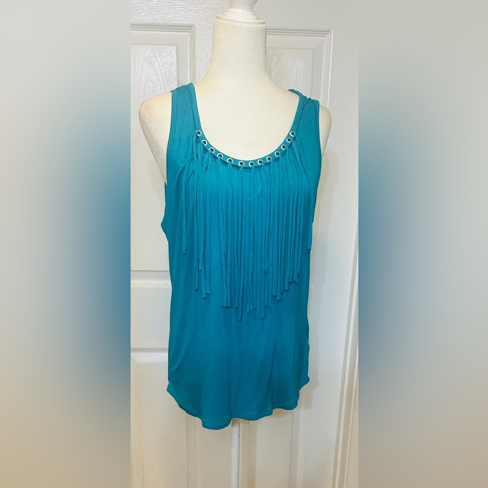Michael Kors Top Tank Fringed Stretch Sleeveless Turquoise Blue Size Large